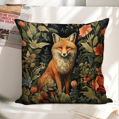 Vintage Forest Fox William Morris Style Linen Throw Pillow Cover