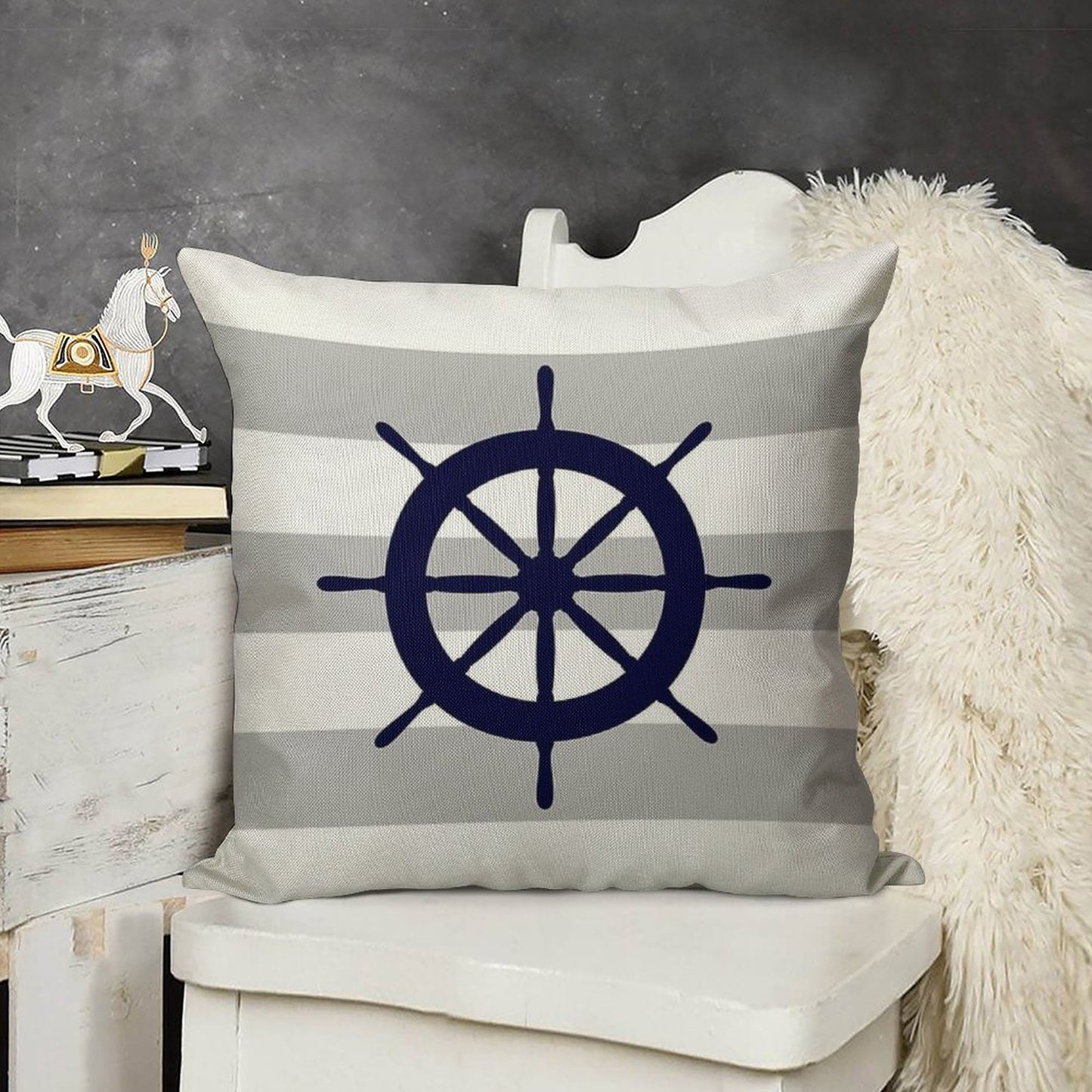 Nautical Navy Blue Ship's Steering Wheel On Silver Gray Stripes Linen Throw Pillow Cover