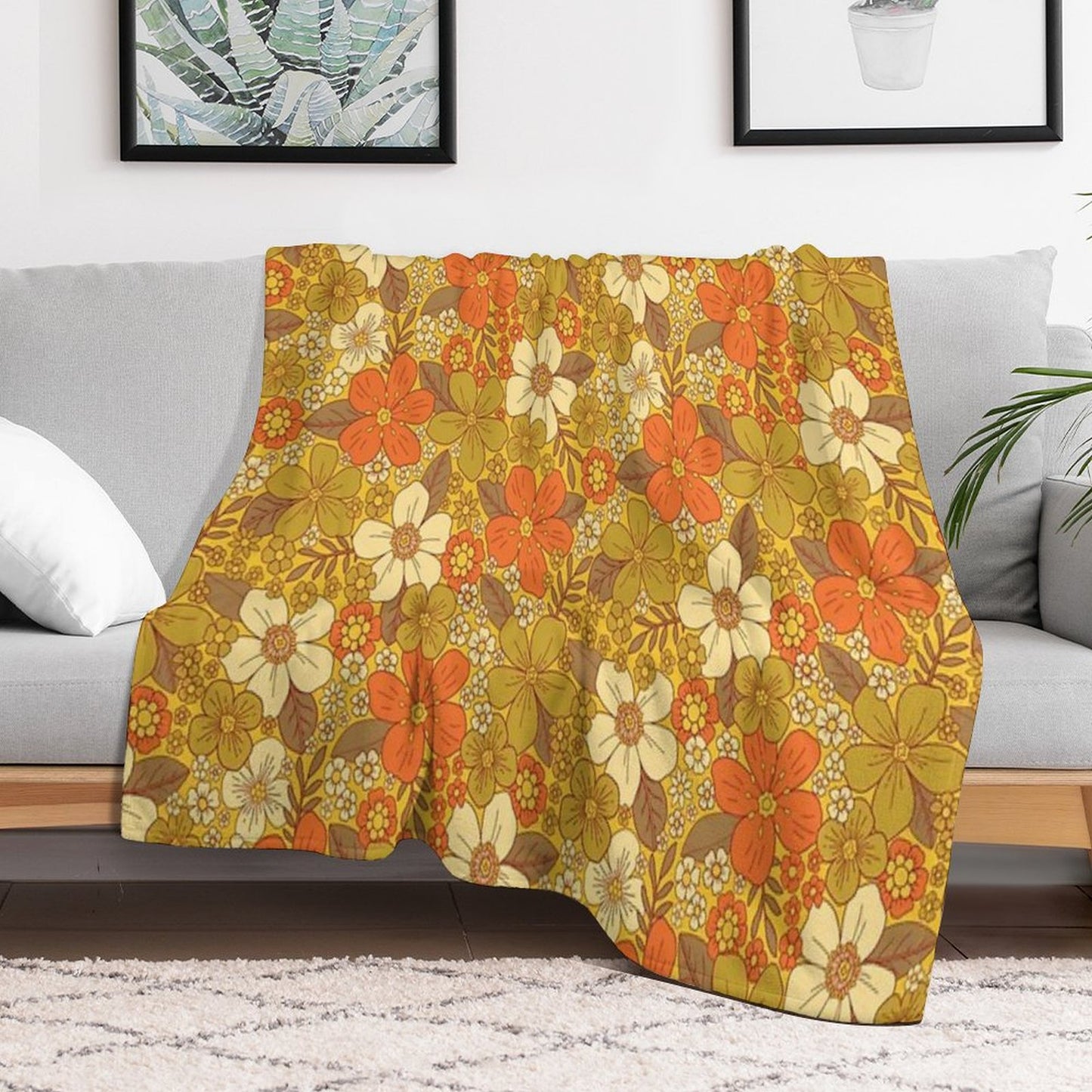Retro 60s70s Orange & Olive Green Floral Throw Blanket