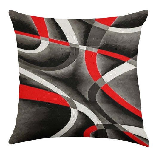 Eighties Red White Grey Line Curve Pattern On Black Linen Throw Pillow Cover