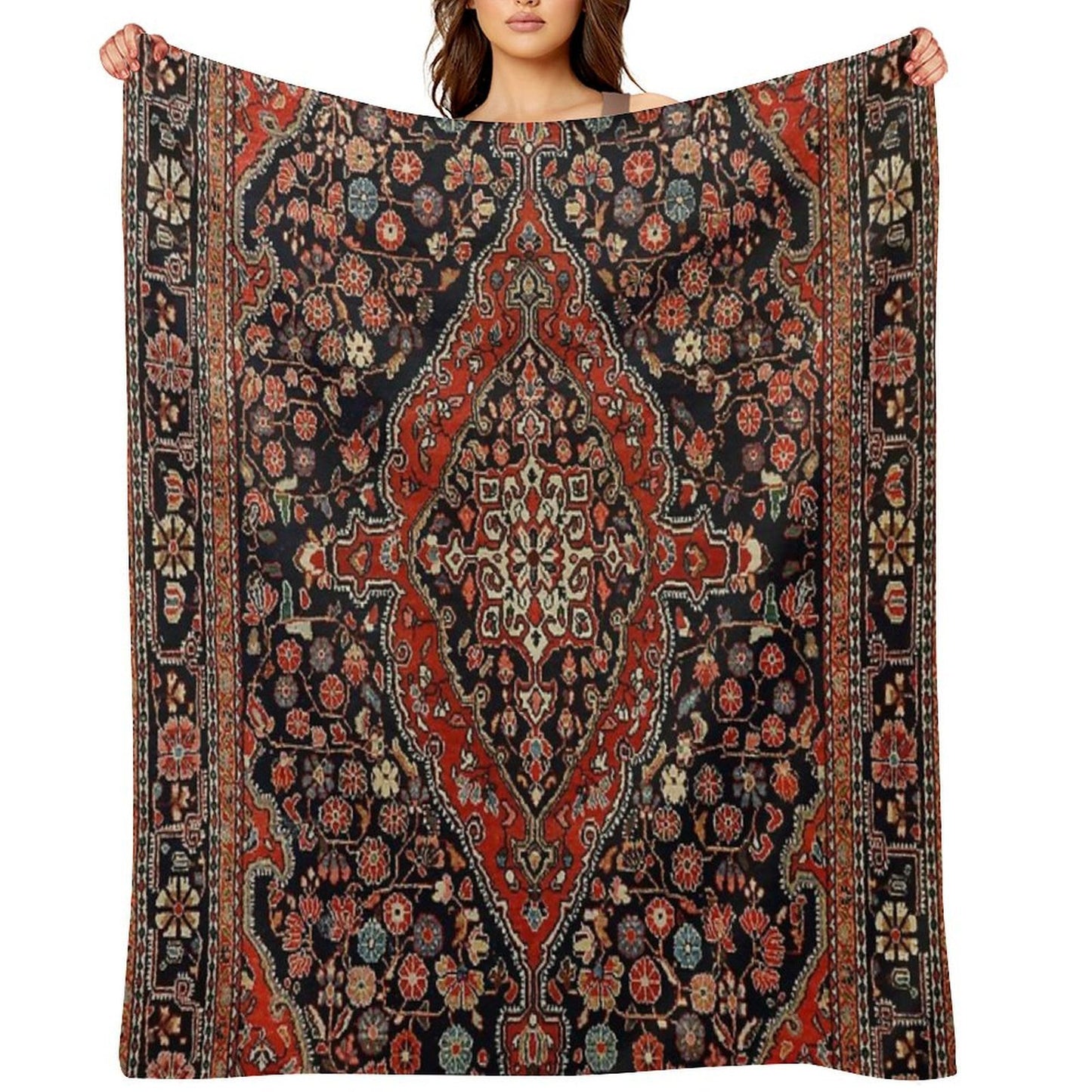 Persia Sarouk 19th Century Authentic Colorful Picture of A Vibrant Red And Black Rug Throw Blanket