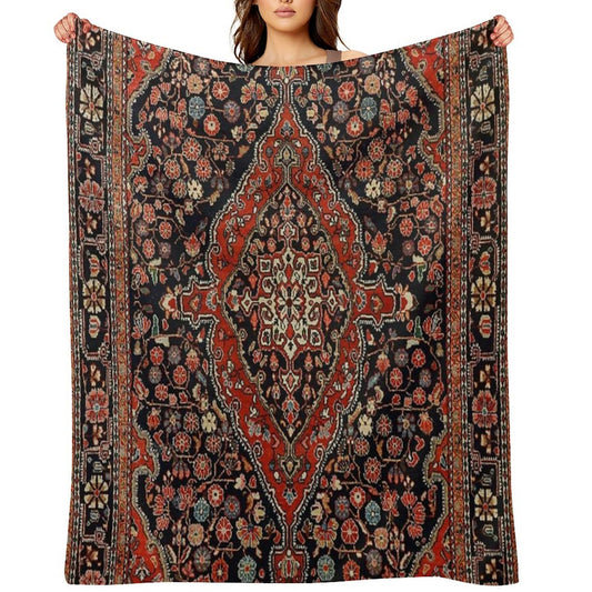 Persia Sarouk 19th Century Authentic Colorful Picture of A Vibrant Red And Black Rug Throw Blanket