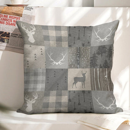 Rustic Woodland Patchwork - Grey And Beige Linen Throw Pillow Cover
