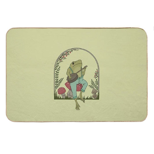 Cottagecore Aesthetic Frog Playing Banjo on Mushroom Cute Vintage Goblincore Farmer Toad in Garden, Emo Grunge Fairycore Bath Mat