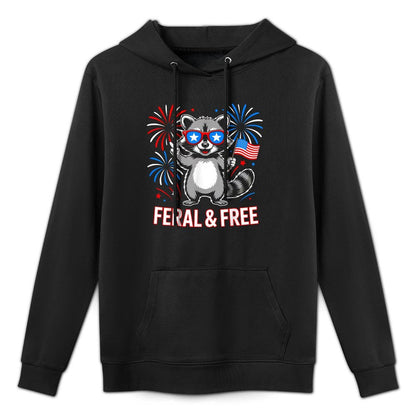 Feral & Free Raccoon Funny Patriotic 4th of July Kangaroo Pocket Hoodie