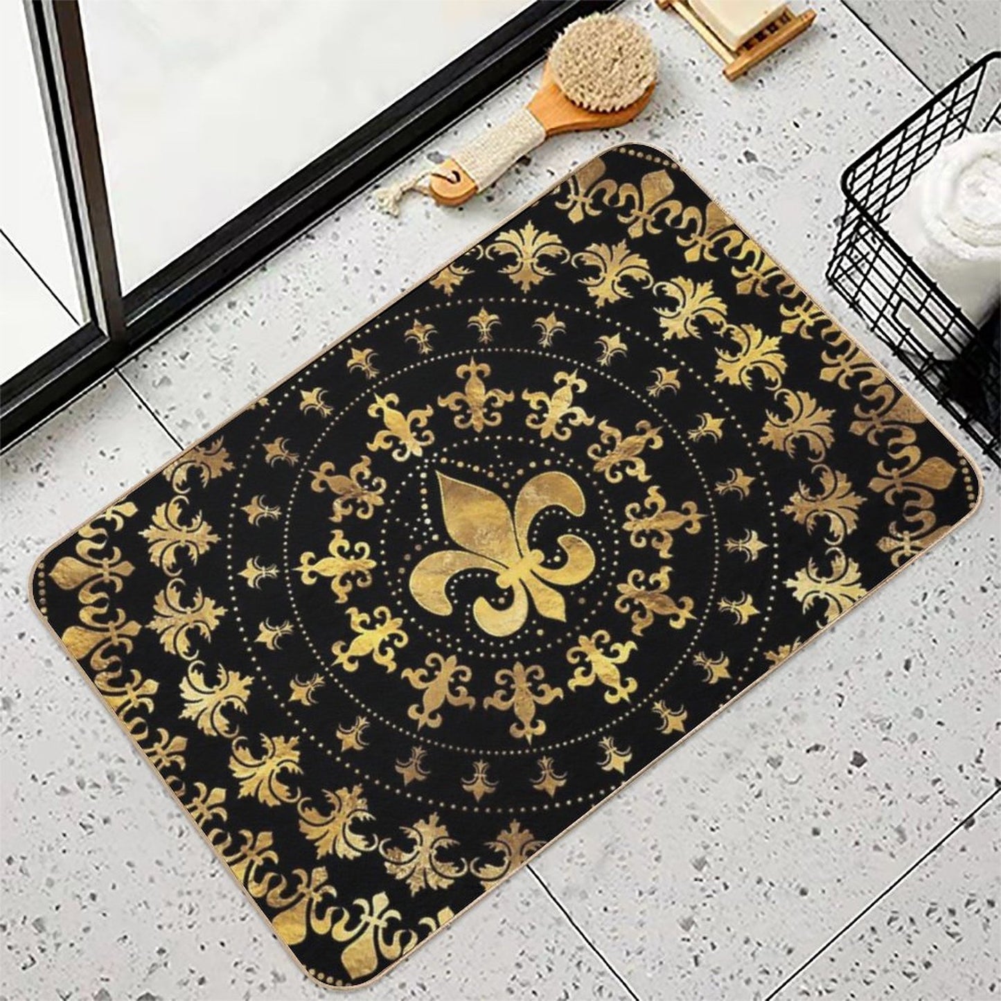 Fleur-de-lis - Circular Ornament - Gold And Black Bath Mat