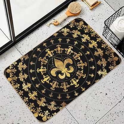 Fleur-de-lis - Circular Ornament - Gold And Black Bath Mat