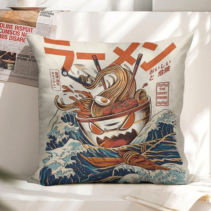 The Great Ramen Off Kanagawa Linen Throw Pillow Cover