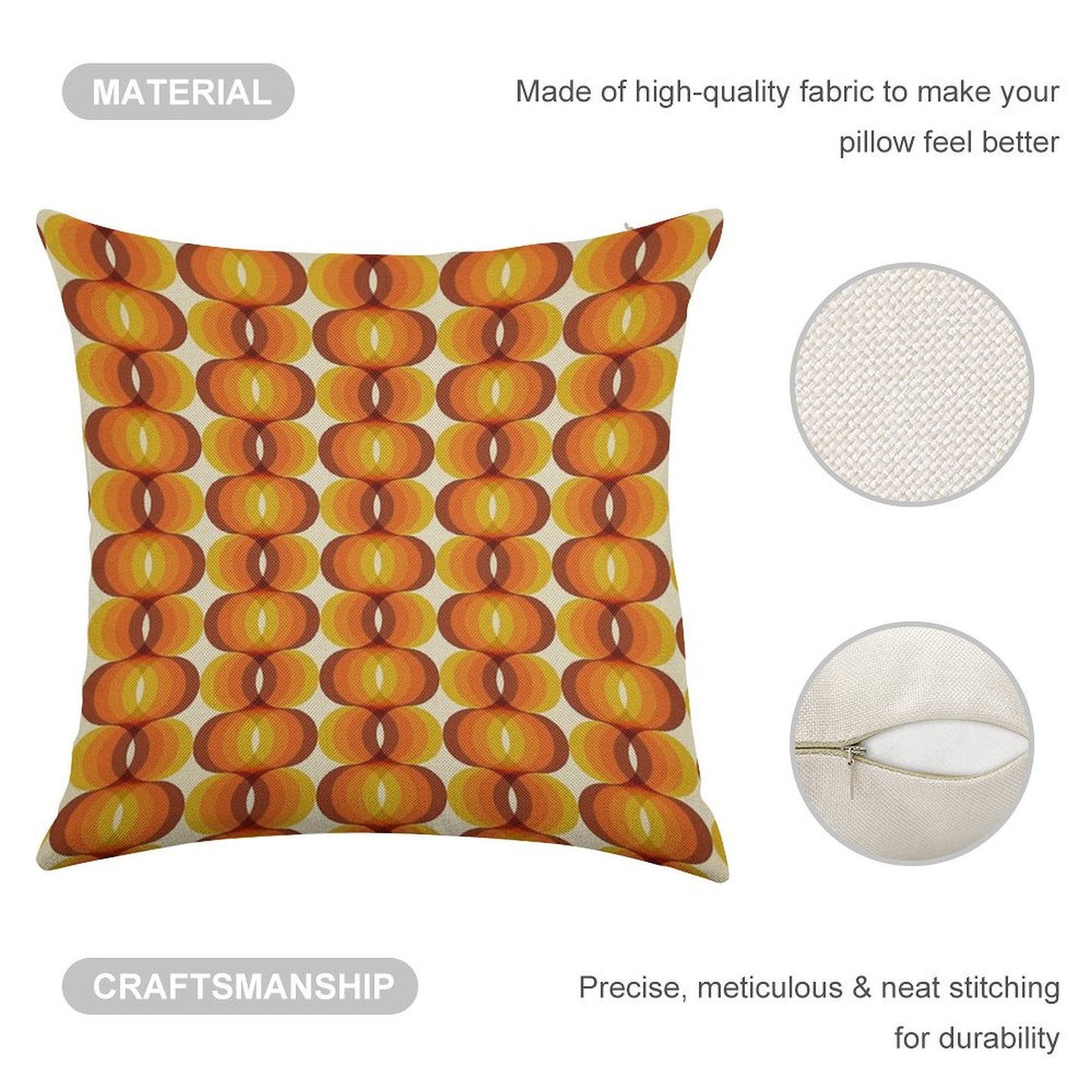 Orange, Brown, And Ivory Retro 1960s Wavy Pattern Linen Throw Pillow Cover