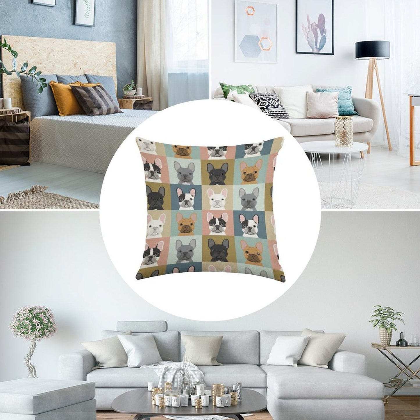 French Bulldog Portraits Pattern Dog Person Gift Love Animal Pet Puppy Frenchie Bulldog Valentines Linen Throw Pillow Cover