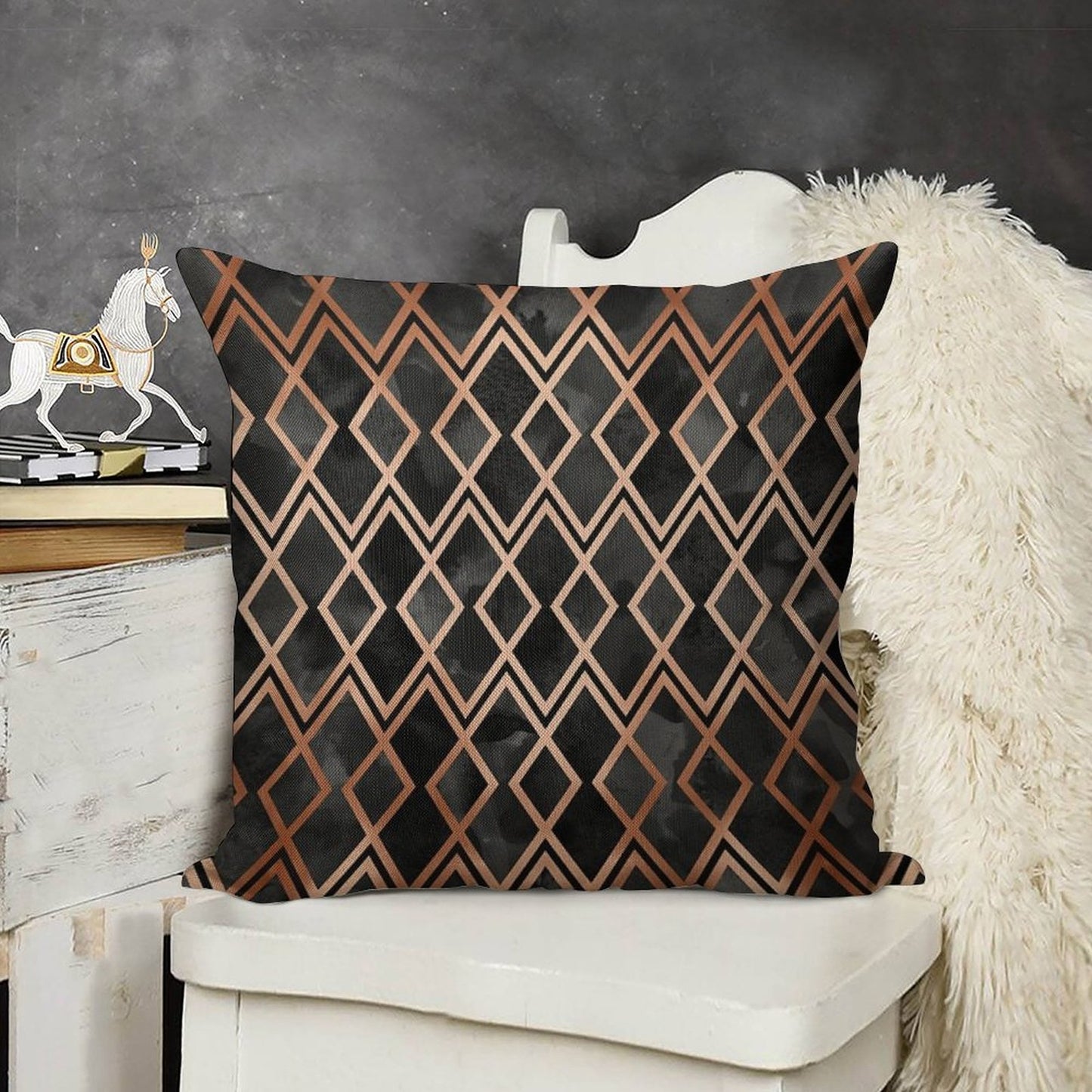 Copper And Black Geo Diamonds Linen Throw Pillow Cover