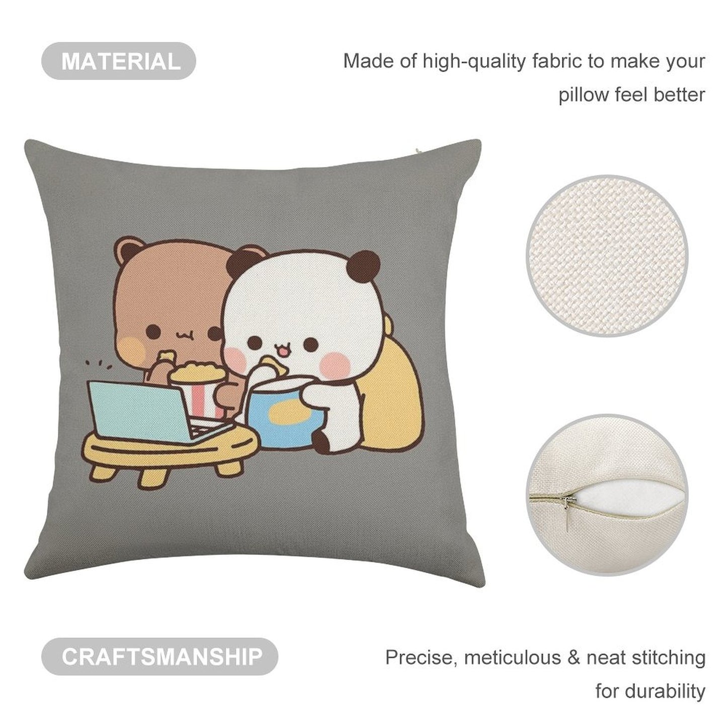 DuDu Bear And BuBu Panda Watching Movie Together❤️ Linen Throw Pillow Cover