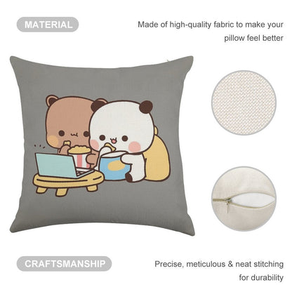 DuDu Bear And BuBu Panda Watching Movie Together❤️ Linen Throw Pillow Cover