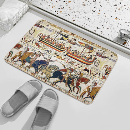 THE BAYEUX TAPESTRY ,BATTLE OF HASTINGS ,NORMAN KNIGHTS HORSEBACK, ARCHERS AND VIKING SHIPS Bath Mat