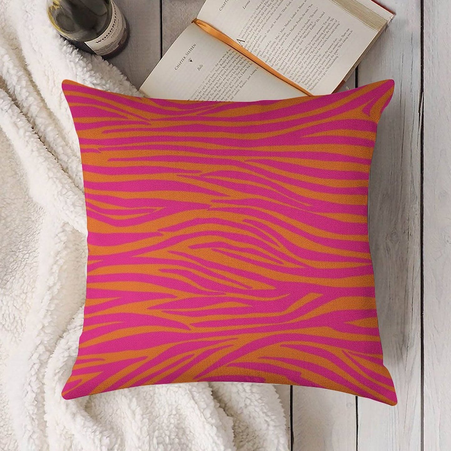 Pink And Orange Zebra Stripes Linen Throw Pillow Cover