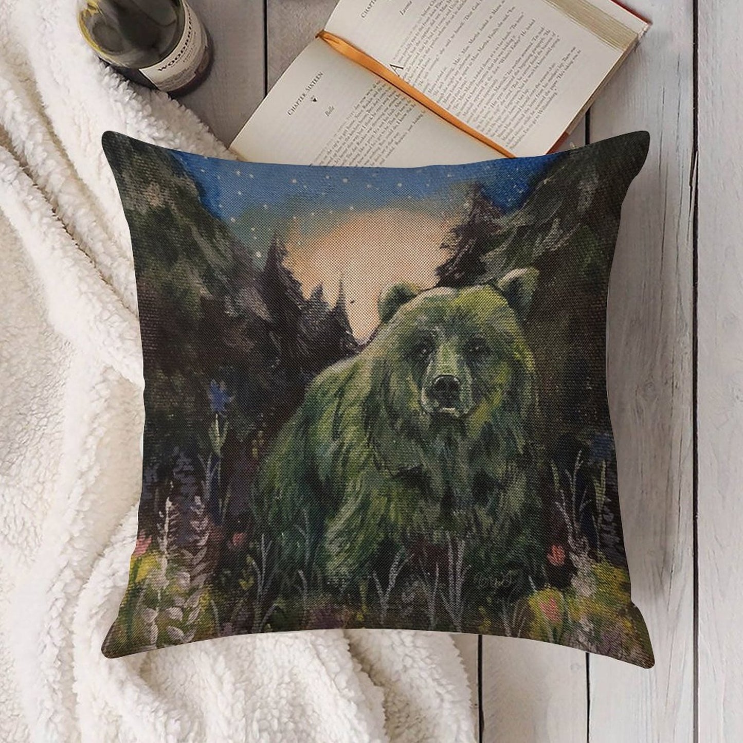 Sweet Grass Green Bear Linen Throw Pillow Cover