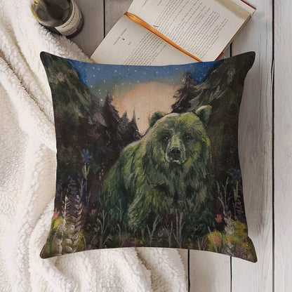 Sweet Grass Green Bear Linen Throw Pillow Cover