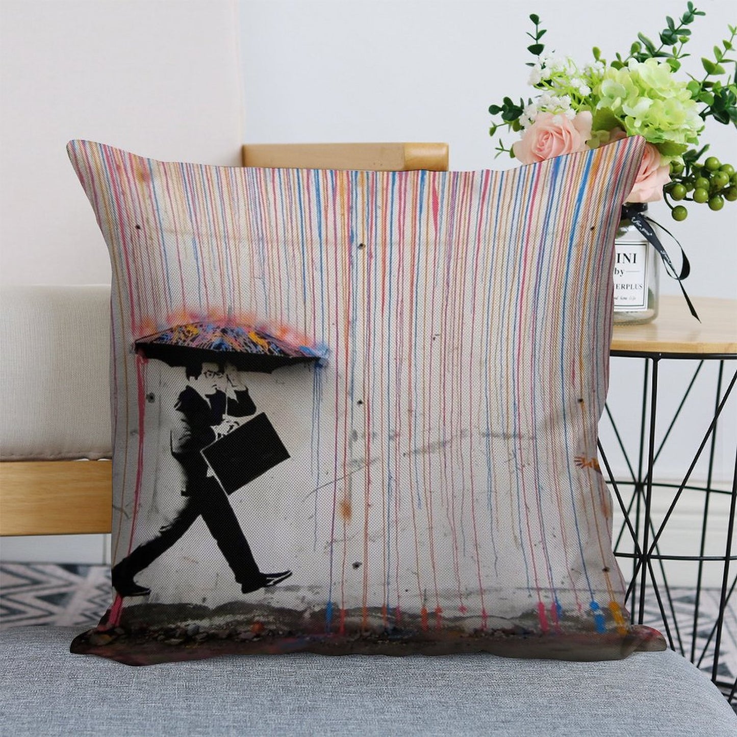 Banksy Umbrella Rainbow Happy Girl Linen Throw Pillow Cover