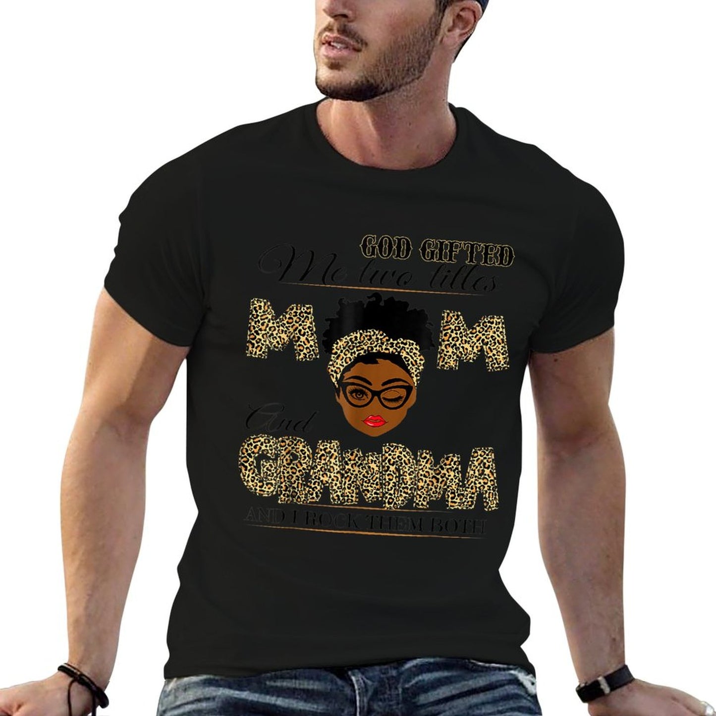 God Gifted Me Two Titles Mom Grandma Melanin Leopard T-Shirt