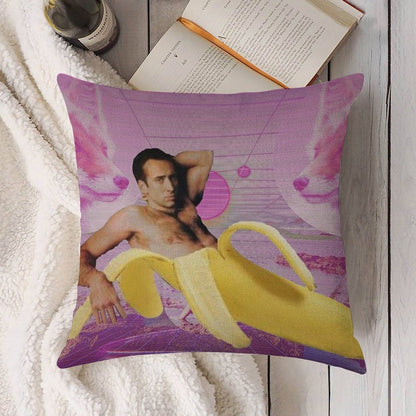 Nicholas Cage Banana Vaporwave Linen Throw Pillow Cover