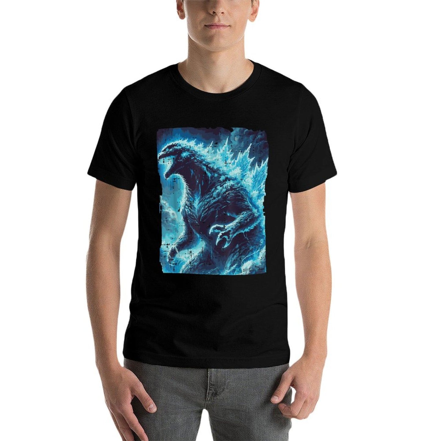 Japanese Blue Kaiju Monster Art Men Boys Kids Youthns  Rolled Sleeves T-Shirt