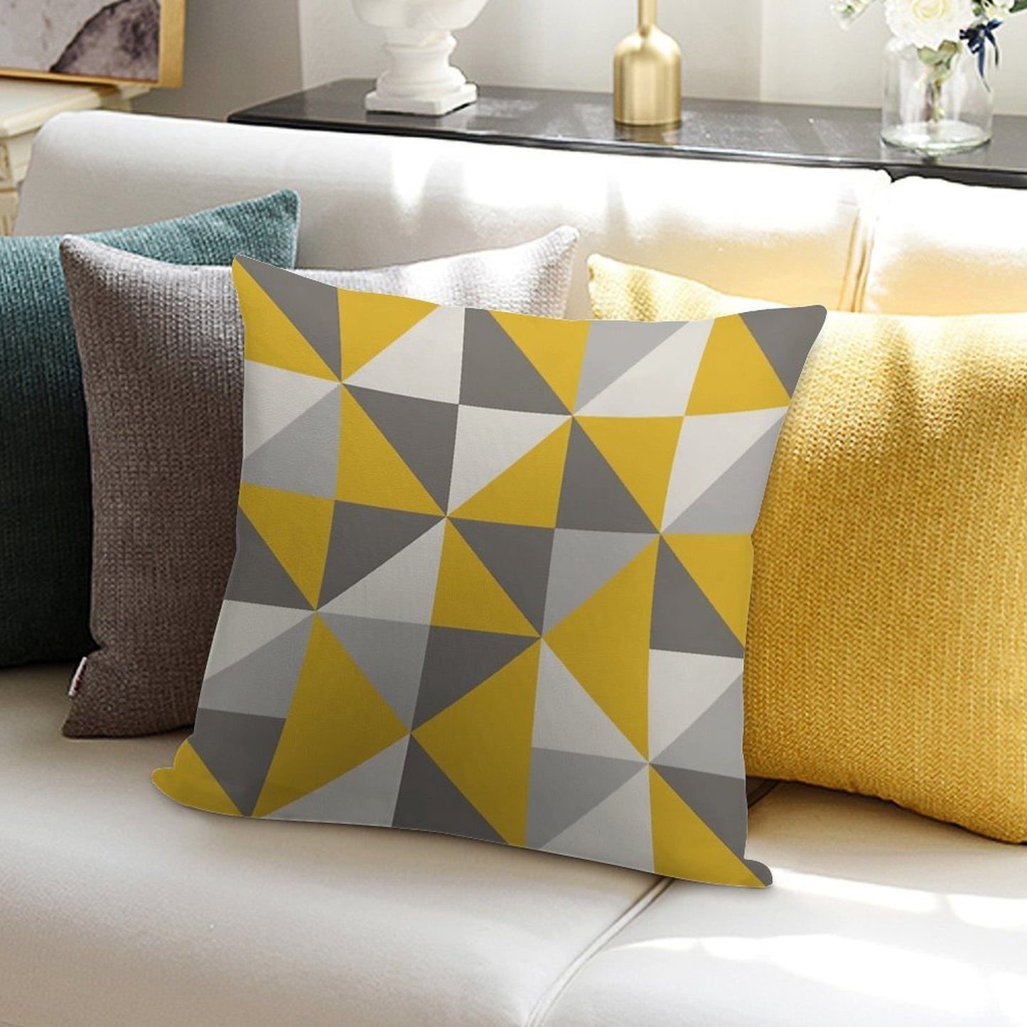 Retro Triangle Design in Yellow And Grey Soft Skin-Friendly Throw Pillow