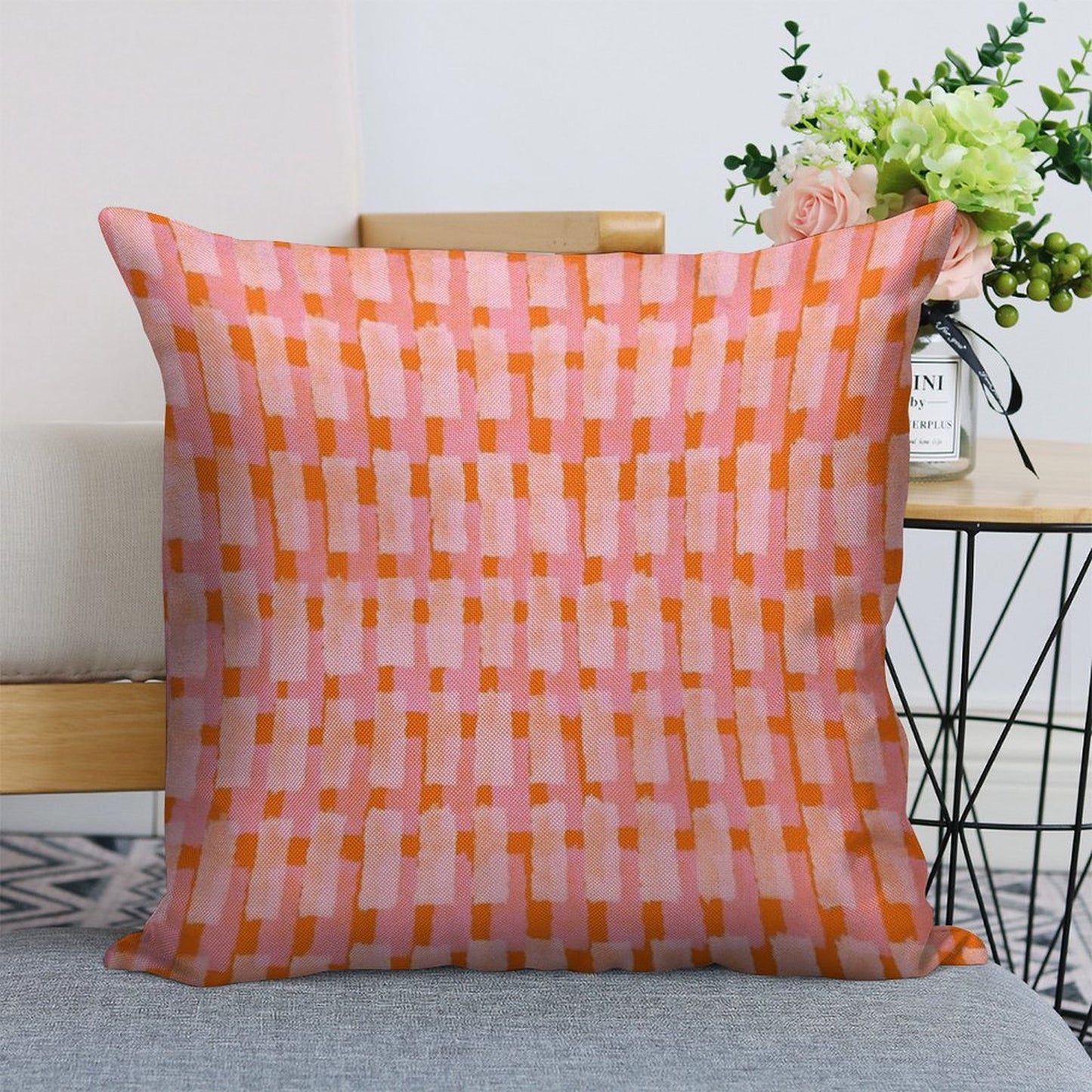Pink And Orange, Brush Strokes, Geometric Linen Throw Pillow Cover