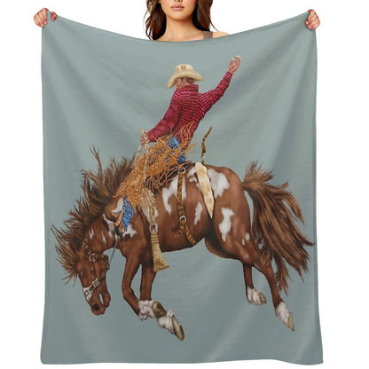 Vintage Western Rodeo Art, Bronco Busting Cowboy Throw Blanket