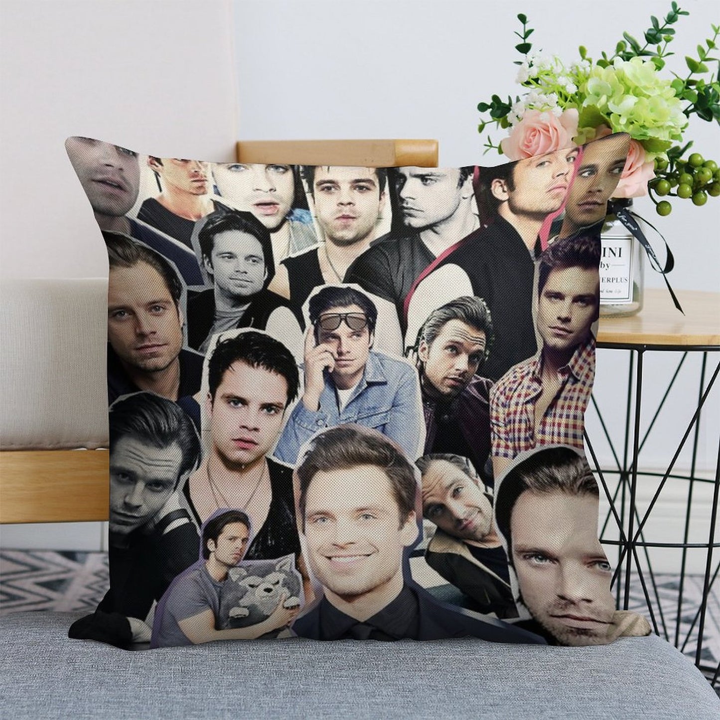Sebastian Stan Collage Linen Throw Pillow Cover