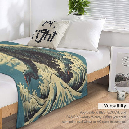 Vintage Japanese Godzilla Great Wave Throw Blanket