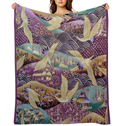 Japanese Crane Kimono Style Embroidered Pattern Throw Blanket