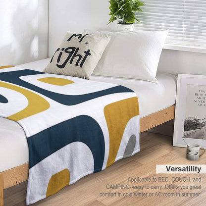 Mid Century Modern Piquet Abstract Minimalist Pattern in Navy Blue, Light And Dark Mustard, Grey, And White Throw Blanket
