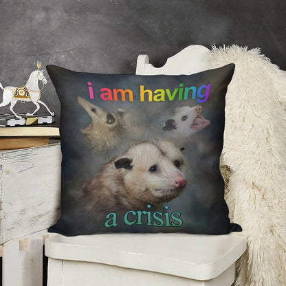 I Am Having A Crisis Possum Word Art Linen Throw Pillow Cover