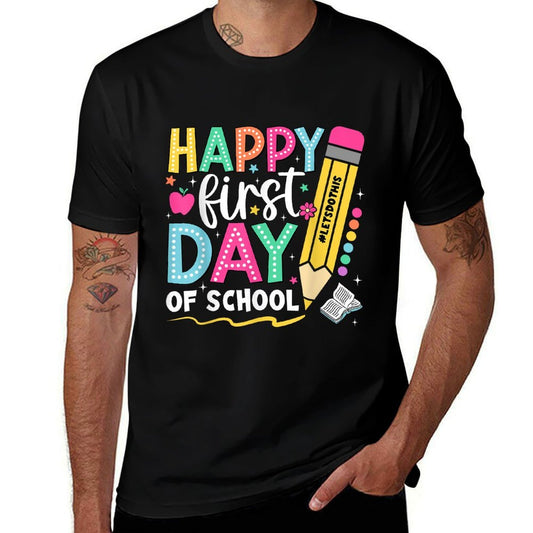 Happy First Day Of School Pencil Teacher Kids Back To School  Trendy Pattern T-Shirt