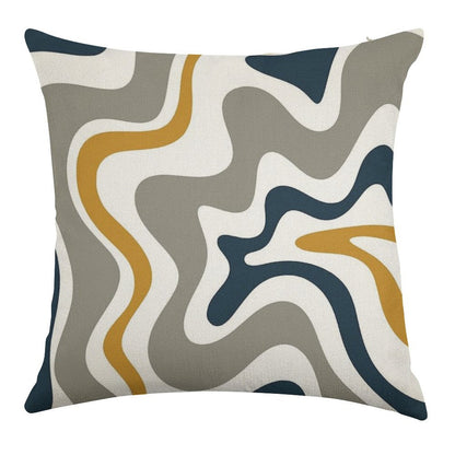 Liquid Swirl Contemporary Abstract in Mustard Yellow, Navy Blue, Grey, And White Linen Throw Pillow Cover