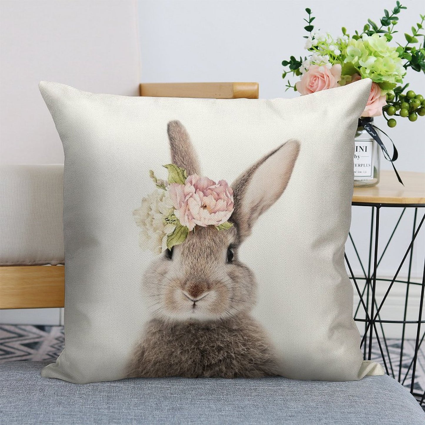 Peek-a-boo Floral Bunny Linen Throw Pillow Cover