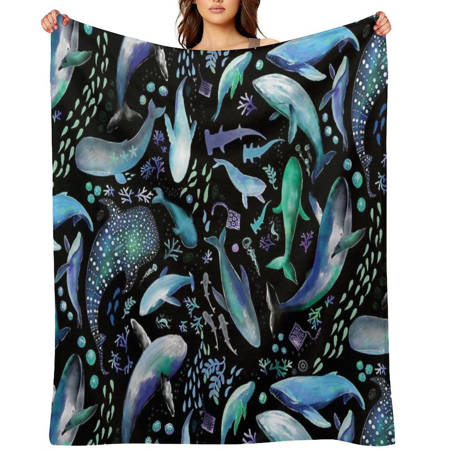 Ocean Diving with Whales at Night - Remix Throw Blanket