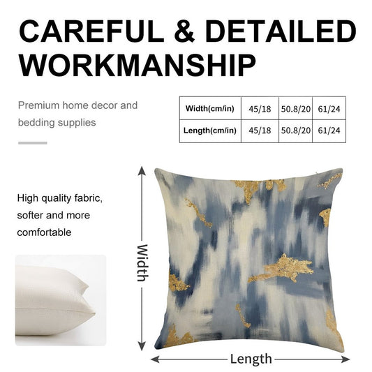 Blue And Gold Ikat Abstract Linen Throw Pillow Cover