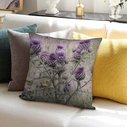 Purple Thistle Flowers with Yellow Daisies. Soft Reinforced Edging Throw Pillow