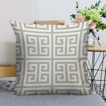 Greek Key Silver Gray And White Pattern Linen Throw Pillow Cover