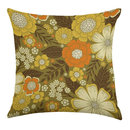 1970s RetroVintage Floral Pattern Linen Throw Pillow Cover