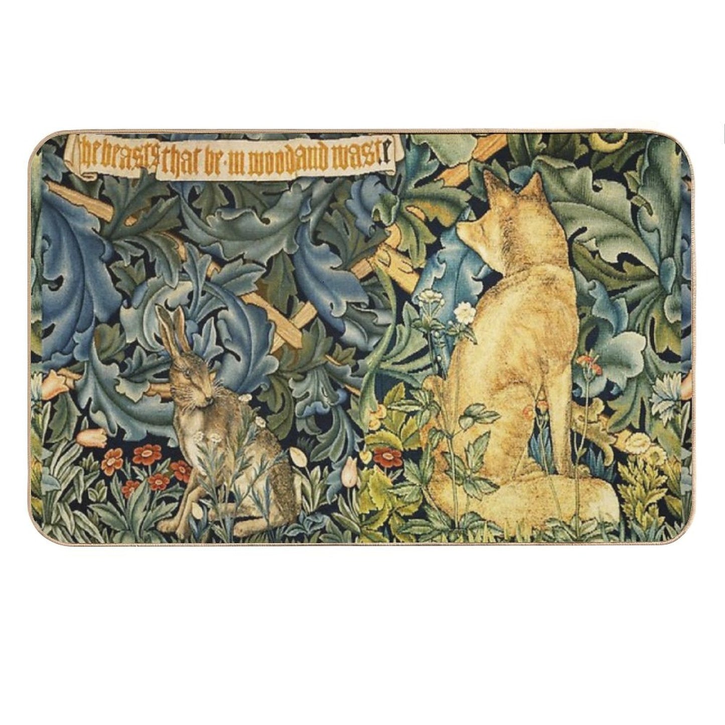 GREENERY, FOREST ANIMALS ,FOX AND HARE Blue Green Floral Bath Mat