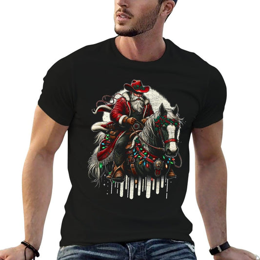 Vintage Santa Claus Xmas Light Cowboy Riding Horse  Fade-proof Color T-Shirt