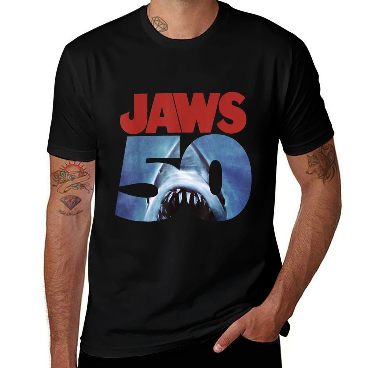 Jaws 50th Anniversary Logo Front & Back  Cotton T-Shirt