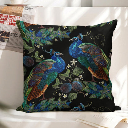 Embroidery Peacocks Linen Throw Pillow Cover