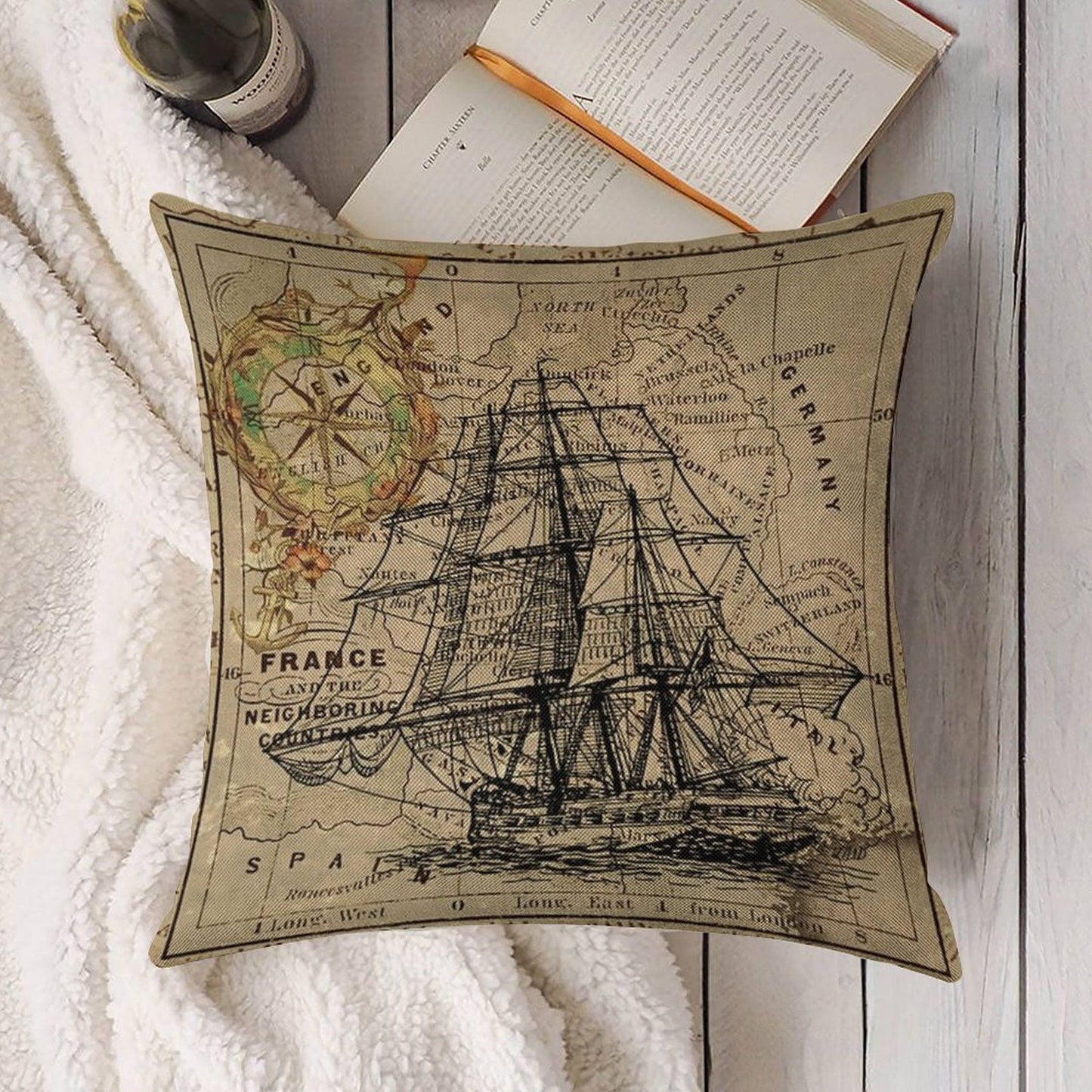 Dark Academia Vintage Pirate Ship Sailor Antique World Map Linen Throw Pillow Cover