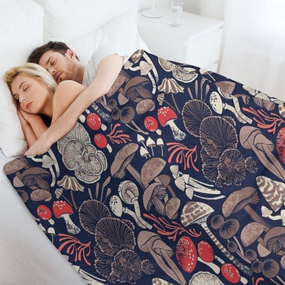 Mystical Fungi  Midnight Blue Background Brown Red And Coral Wild Mushrooms Throw Blanket