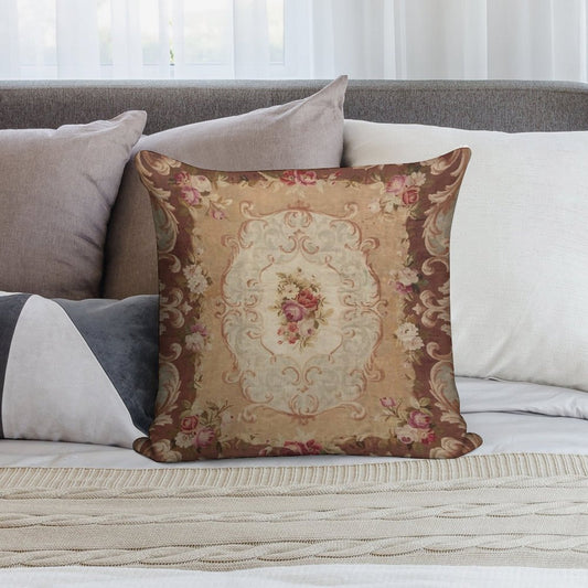 Antique Rose Floral French Aubusson Rug Print Soft Fade-Resistant Throw Pillow