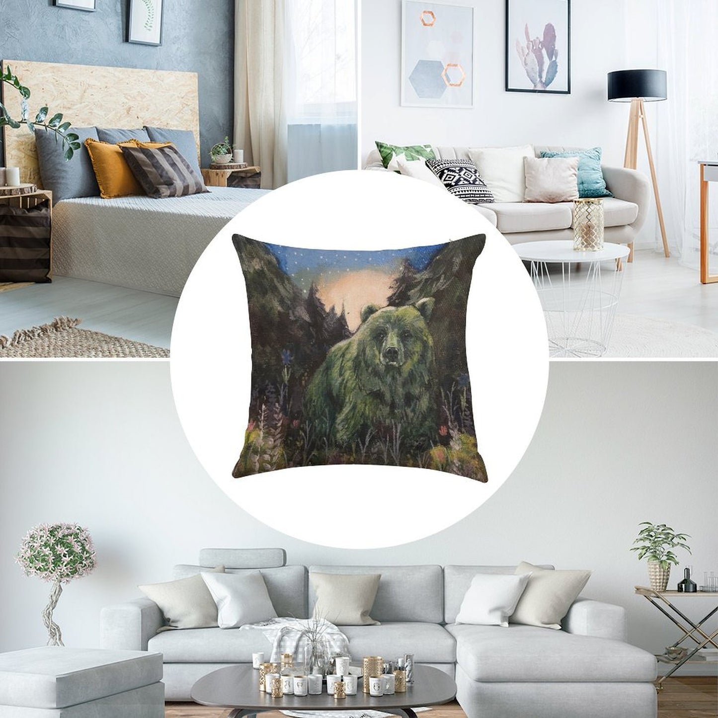 Sweet Grass Green Bear Linen Throw Pillow Cover