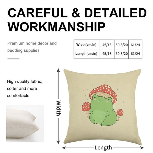 Kawaii Frog with Mushroom Hat Cottagecore Aesthetic Froggy, Chubby Toad in Forest Themed Fantasy Toadstools Linen Throw Pillow Cover